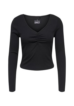 Sort langærmet top med V-hals, rynket detalje foran, ribbet tekstur og cropped pasform. Fremstillet af et blødt, elastisk stof.