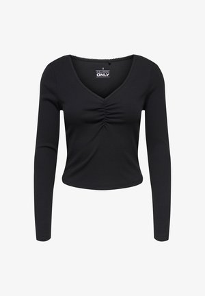 Sort langærmet top med V-hals, rynket detalje foran, ribbet tekstur og cropped pasform. Fremstillet af et blødt, elastisk stof.