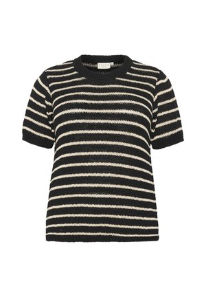 Črno-bež prugasta kratka majica iz pletenine z ribanim okrog limenom in teksturirano tkanino. Preprost, ravno krojen dizajn.