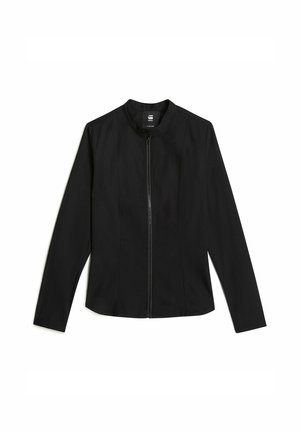 Black zip-up jacket with a stand collar, long sleeves, and fitted design. Made from a smooth, lightweight fabric with no visible patterns.