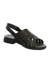 Schwarze Ledersandalen mit einem offenen Zehen-Design, geflochtenen Riemen und einem Slingback. Sie haben einen flachen Absatz und eine glatte Textur.