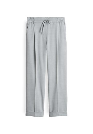 Light gray trousers made of soft fabric, featuring an elastic waistband with drawstring, two side pockets, and rolled cuffs at the hem.