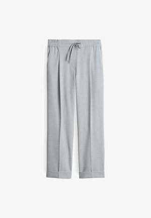 Light gray trousers made of soft fabric, featuring an elastic waistband with drawstring, two side pockets, and rolled cuffs at the hem.
