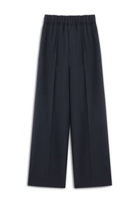 Pantalons à jambes larges en tissu bleu marine foncé, dotés d'une taille élastique et de plis avant pour plus de forme et de confort.