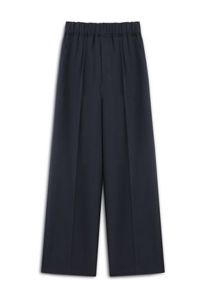 Spodnie o szerokich nogawkach w ciemnonawowym materiale, z elastycznym paskiem w talii i fałdami z przodu, które zapewniają dodatkowy kształt oraz komfort.