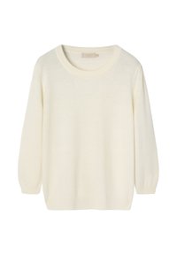 Pull de couleur crème, fabriqué en maille douce. Il présente un col rond, des manches longues et une coupe décontractée. Design simple et sans couture.