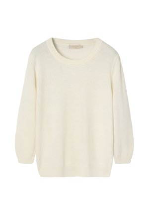 Svetre v krémovej farbe, vyrobené z mäkkého pleteného materiálu. Má okrúhly výstrih, dlhé rukávy a voľný strih. Jednoduchý, bezšvový dizajn.
