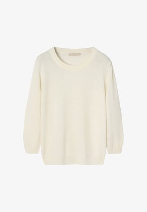 Svetre v krémovej farbe, vyrobené z mäkkého pleteného materiálu. Má okrúhly výstrih, dlhé rukávy a voľný strih. Jednoduchý, bezšvový dizajn.