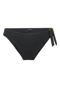 Schwarze Bikini-Hose mit strukturiertem Muster, seitlichem Bindeband und quadratischer Schnallenakzent. Hergestellt aus glattem, dehnbarem Material.