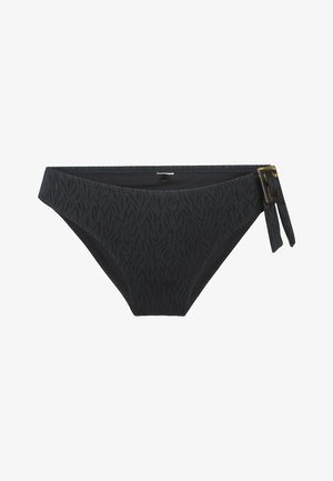 Sort bikini bund med et tekstureret mønster, der har en sidesløjfe og en firkantet spændeaccent. Fremstillet af glat, strækbart materiale.
