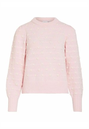 Pull tricoté rose pâle avec texture de pois en relief, encolure ronde, manches longues, et poignets et ourlet côtelés.