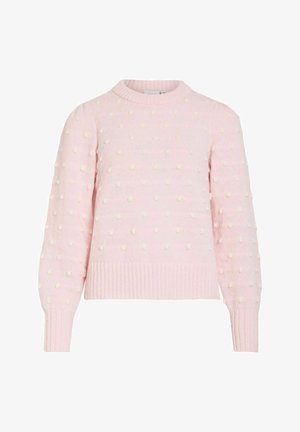 Light pink knitted sweater with raised polka dot texture, crew neckline, long sleeves, and ribbed cuffs and hem.