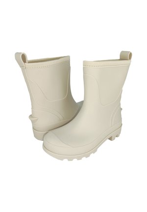 Beige Gummistiefel mit glatter Oberfläche, hohem Schaft, Zuglaschen, leicht geschwungenem Design und einer robusten Sohle für besseren Halt.