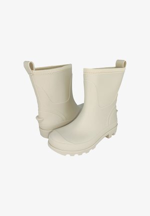 Beige Gummistiefel mit glatter Oberfläche, hohem Schaft, Zuglaschen, leicht geschwungenem Design und einer robusten Sohle für besseren Halt.