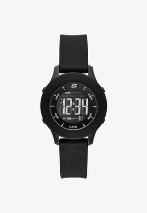Cyfrowy zegarek sportowy z czarnym silikonowym paskiem, okrągłą kopertą i czarnym wyświetlaczem. Funkcje obejmują czas, datę oraz odporność na wodę do 5 ATM.