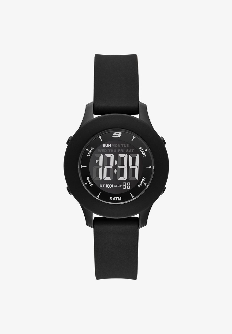 Digitaluhr für Sport mit schwarzem Silikonarmband, rundem Gehäuse und schwarzem Display. Zu den Funktionen gehören Uhrzeit, Datum und Wasserdichtigkeit bis zu 5 ATM.