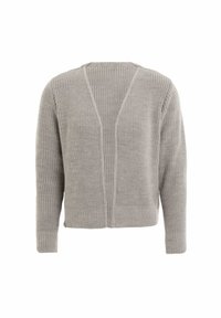 Lichtgrijze gebreide sweater met een v-halsontwerp, geribbelde textuur en een cropped fit met lange mouwen en een open rugdetail.
