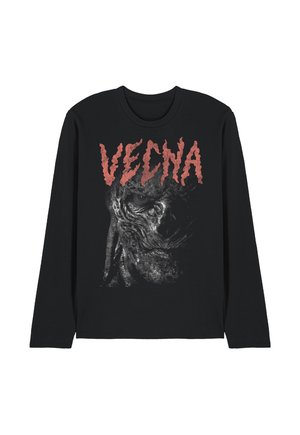 Schwarzes Langarmshirt mit rotem, gezacktem Text "VECNA" über einer detaillierten, graustufigen Illustration eines finsteren, verwesten Gesichts.