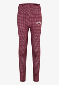 Bordo legins z vzorcem houndstooth, širokim pasom in belim logotipom "Converse" na boku, zasnovani za udobje in gibljivost.