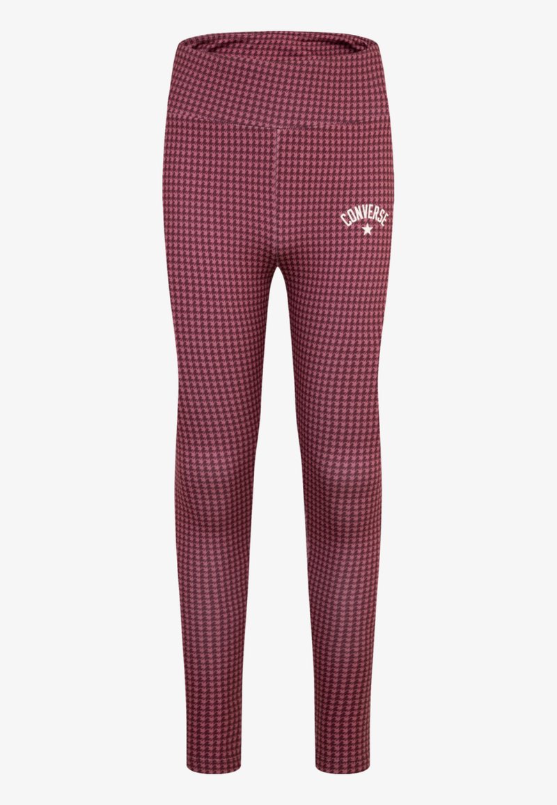 Bordo legins z vzorcem houndstooth, širokim pasom in belim logotipom "Converse" na boku, zasnovani za udobje in gibljivost.