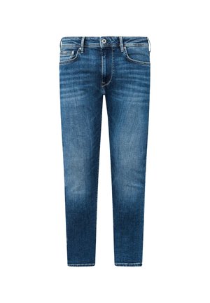 Blauwe denim jeans met een slim fit, met een subtiel waspatroon, vijf zakken en een knoopsluiting met een zilverkleurige knop.