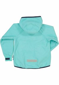 Vaaleansininen fleece-takki, jossa on huppu, elastiset hihansuut ja heijastava nauha selässä. Sujuva pinta ja yksinkertainen muotoilu.