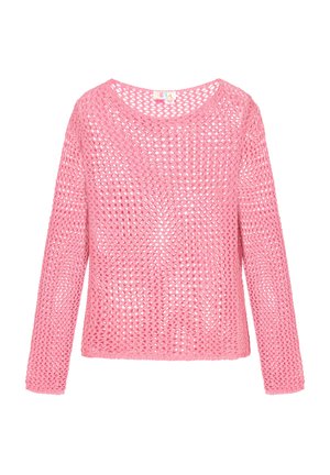 Suéter rosa de punto con un tejido suelto y abierto. Presenta un cuello redondo amplio y mangas largas, creando un ajuste relajado.