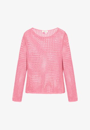 Suéter rosa de punto con un tejido suelto y abierto. Presenta un cuello redondo amplio y mangas largas, creando un ajuste relajado.