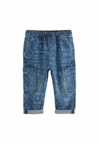 Denim jogger püksid elastse vöökohaga, sinise pesu ja valgete joonistuste mustriga, küljetaskutega ja mansettidega sääreotsad.