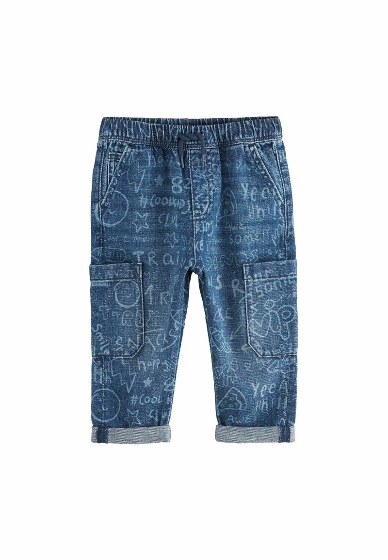 Denim jogger püksid elastse vöökohaga, sinise pesu ja valgete joonistuste mustriga, küljetaskutega ja mansettidega sääreotsad.