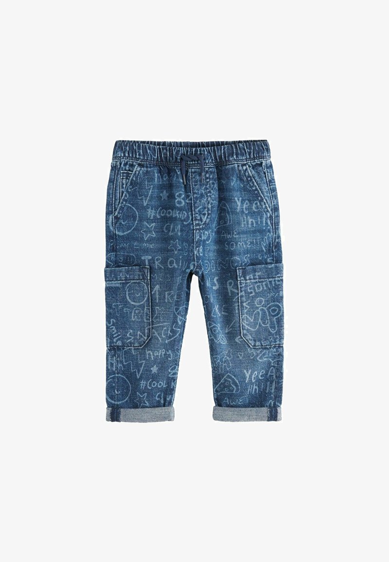 Denim jogger püksid elastse vöökohaga, sinise pesu ja valgete joonistuste mustriga, küljetaskutega ja mansettidega sääreotsad.