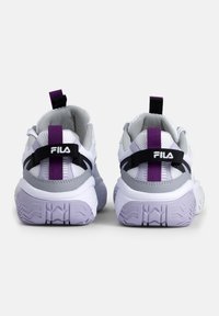 White and gray athletic shoes with purple and black accents, mesh upper, and textured purple sole. Features a rear pull tab and logo.