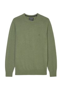 Groene gebreide trui met een ronde halslijn, lange mouwen en geribbelde manchetten. Bevat een klein logo op de borst, gemaakt van een zachte stof.