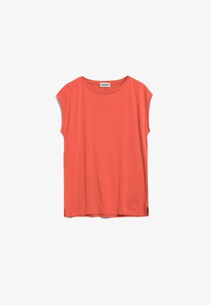 Korallinen lyhythihainen paita pyöreällä pääntiellä, pehmeällä tekstuurilla, sivuhalkioilla ja rentolla istuvuudella. Valmistettu kevyestä kankaasta.