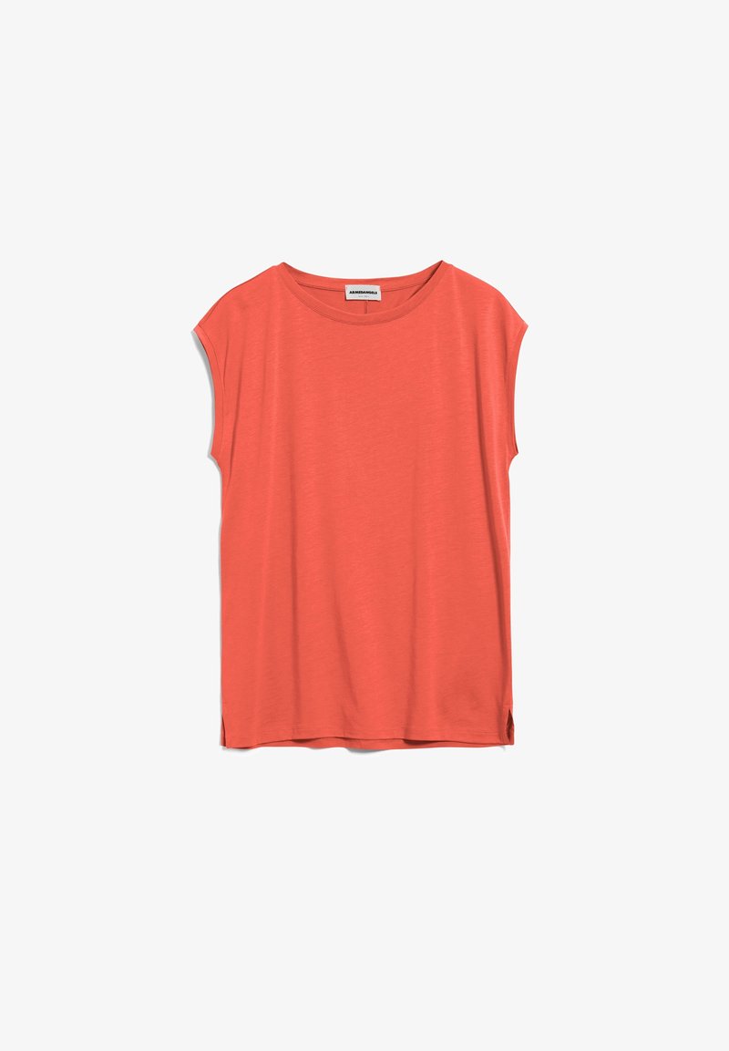 Chemise corail à manches courtes avec un col rond, une texture douce, des fentes latérales et une coupe décontractée. Confectionnée en tissu léger.
