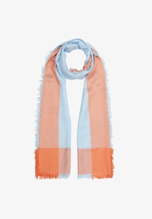 Leichter rechteckiger Schal aus weichem Stoff, mit blauen und orangefarbenen Farbblöcken, und fransigen Kanten für zusätzlichen Textur.