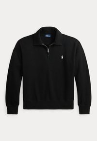 Pullover nero a maniche lunghe con zip a un quarto e piccolo logo bianco Polo Ralph Lauren sul petto sinistro.