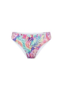 Bikiniunterteil mit einem mehrfarbigen tropischen Muster in rosa, grün und lila Tönen, weißer Einfassung und klassischem Schnitt.