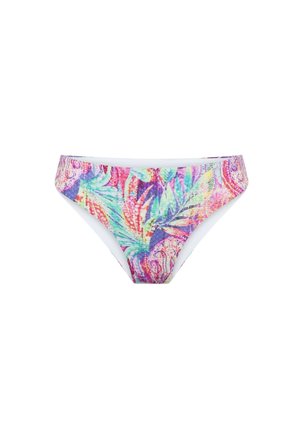 Bikini di fondo con un motivo tropicale multicolore con tonalità di rosa, verde e viola, bordo bianco e taglio classico.