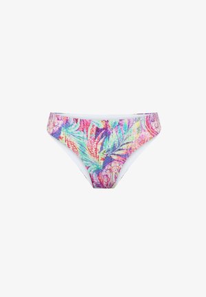 Bikini onderkant met een kleurrijk tropisch patroon in roze, groen en paarse tinten, witte voering en een klassieke snit.