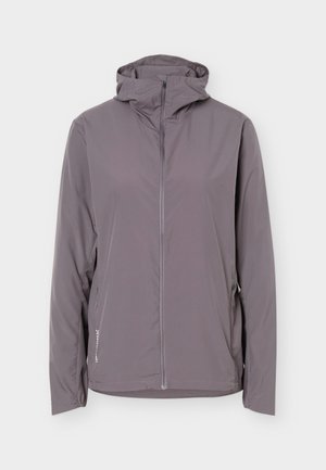 Veste gris clair avec fermeture éclair intégrale, capuche et manches longues, avec poches latérales et coupe slim.