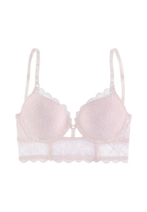 Soutien-gorge en dentelle rose clair avec armatures, bretelles réglables, bords festonnés et bande de dentelle étendue.