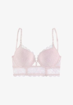 Soutien-gorge en dentelle rose clair avec armatures, bretelles réglables, bords festonnés et bande de dentelle étendue.