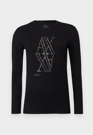 T-shirt a maniche lunghe di colore nero realizzato in tessuto morbido, con una grafica di strass con la scritta "AX" e il testo "Armani Exchange" al centro.