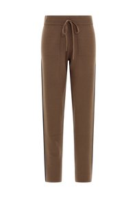 Bruine joggingbroek gemaakt van zacht materiaal, met een trekkoord in de taille, twee voorzakken en zwarte zijkanten.