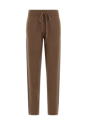 Pantaloni jogger marroni realizzati in tessuto morbido, con vita regolabile tramite cordino, due tasche anteriori e strisce nere laterali.