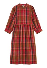 Langärmliges Karokleid in Rot, Braun und Schwarz. Mit Rundhalsausschnitt, Knopfleiste und gerafftem Taillendetail für eine fließende Silhouette.