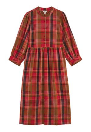 Haljina s dugim rukavima u kariranom uzorku u crvenoj, smeškoj i crnoj boji. Ima okrugli izrez, dugmad za zatvaranje i nabranu struk koji stvara lepršavu siluetu.