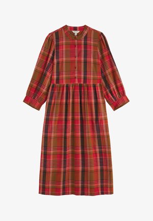 Hosszú ujjú kockás ruha piros, barna és fekete színekben. Kerek nyakkivágással, gombos záródással és ráncolt derékkal rendelkezik, amely folyékony sziluettet kölcsönöz.