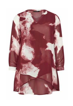 Rote und weiße gemusterte Bluse mit langen Ärmeln und V-Ausschnitt, aus leichtem Stoff und mit einem geschichteten, asymmetrischen Saum. Mit geknöpften Ärmeln.